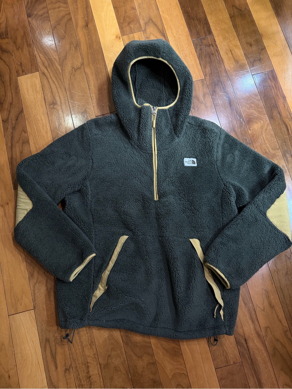 The North Face Men's Olive Green Sherpa Fleece Half-Zip Hoodie with Tan Trim